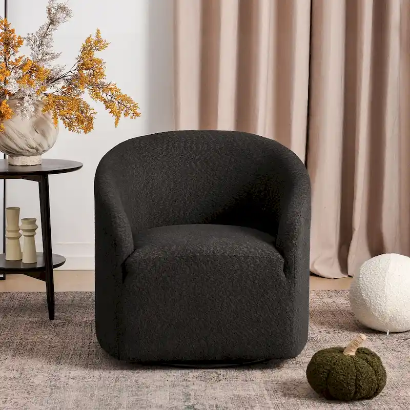KINWELL 32W Boucle Upholstered Swivel Barrel Accent Armchair