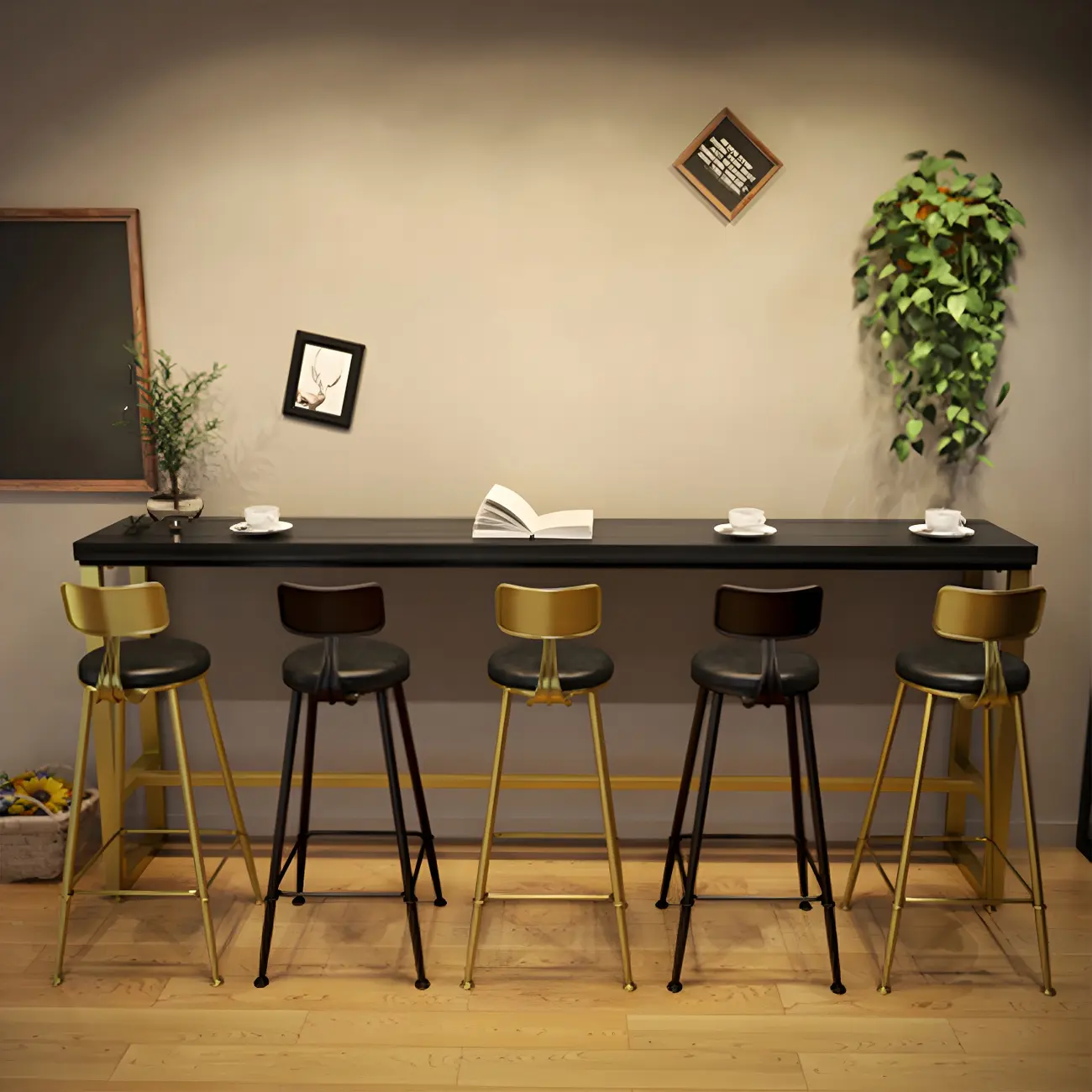 Black Gold Glam Metal Pine Wood Bar Tables with Footrest