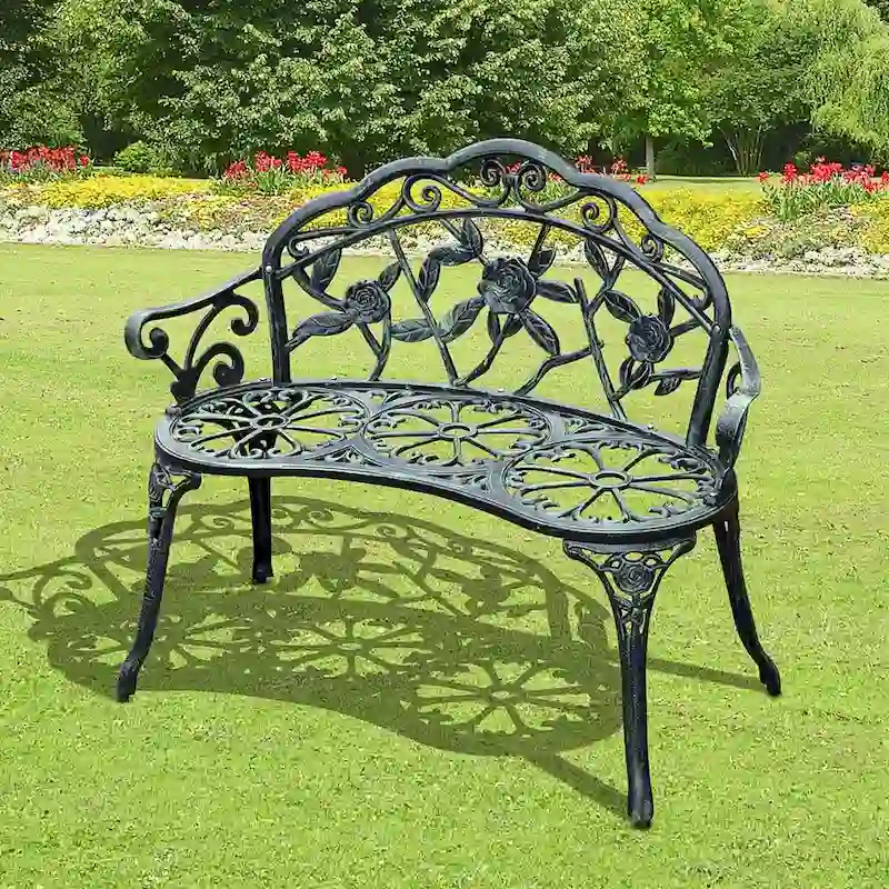 Cast Aluminum Two-Seat Outdoor Bench with Floral Rose Accent & Antique Finish, Green