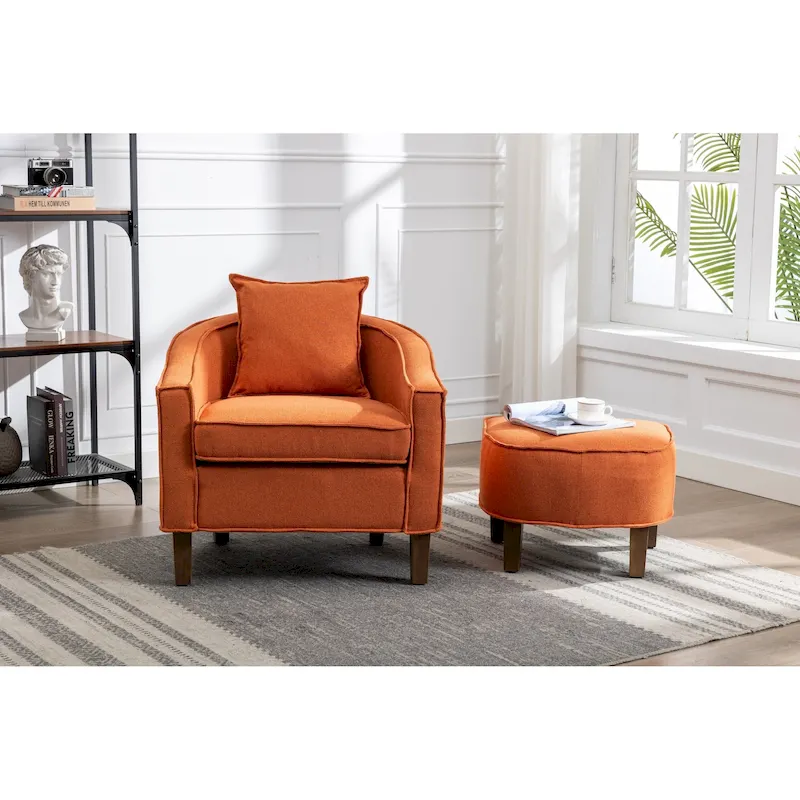 Linen/Polyester Upholstered Mid Century Barrel Chair with Ottoman