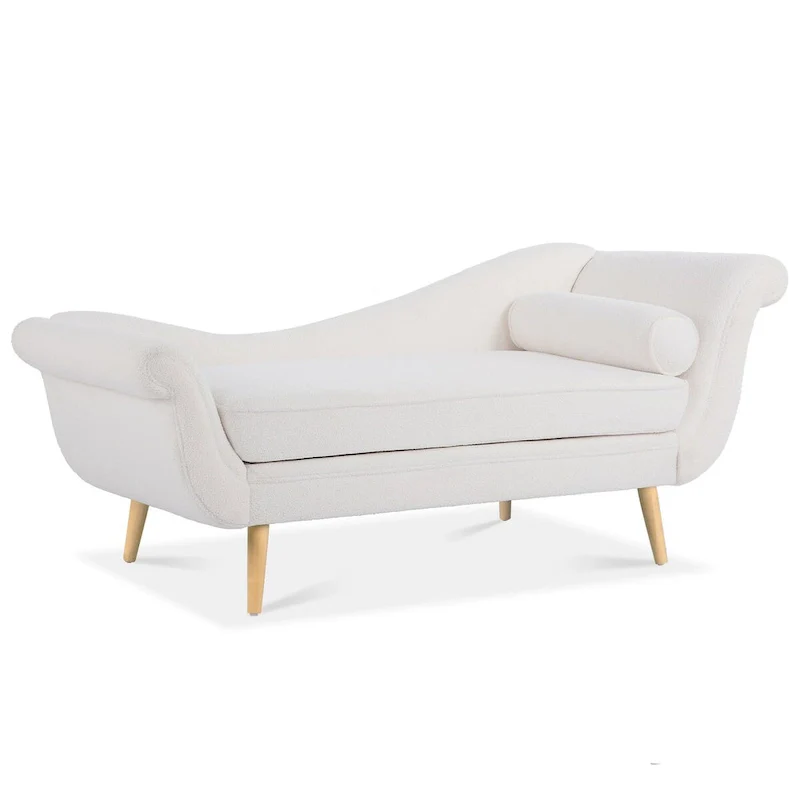 Upholstered Chaise Lounge with Scroll Arms, Accent Pillow & Solid Wood Legs
