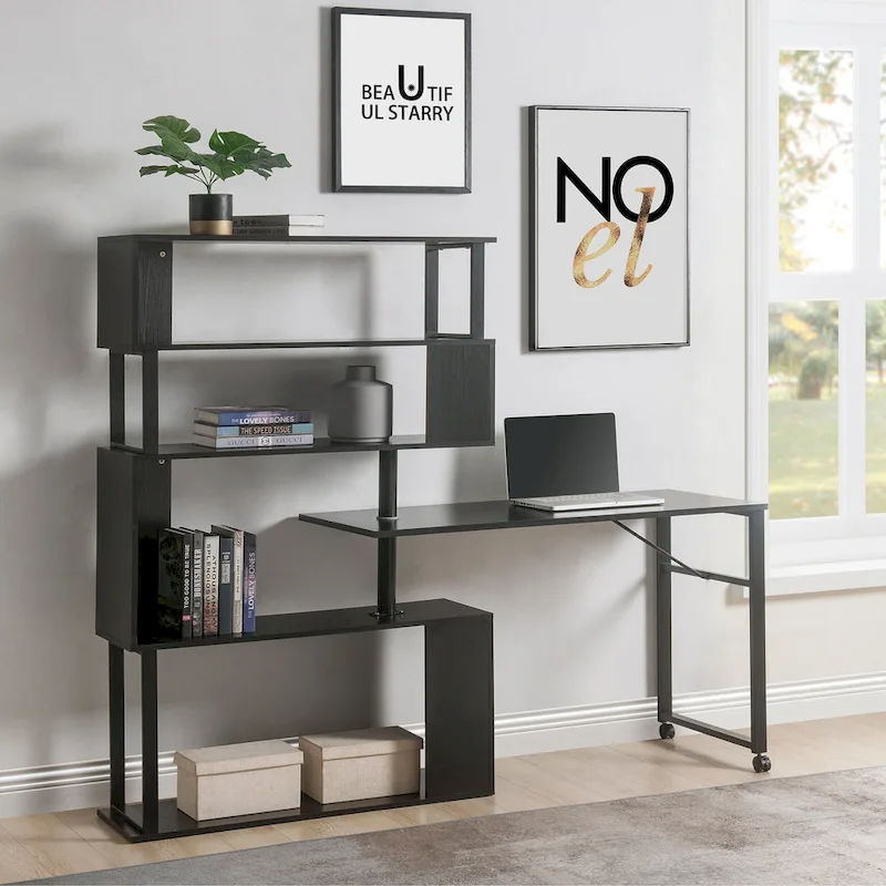 Home Office Computer Desk L-Shaped Corner Table, Rotating Computer Table with 5-Tier Bookshelf