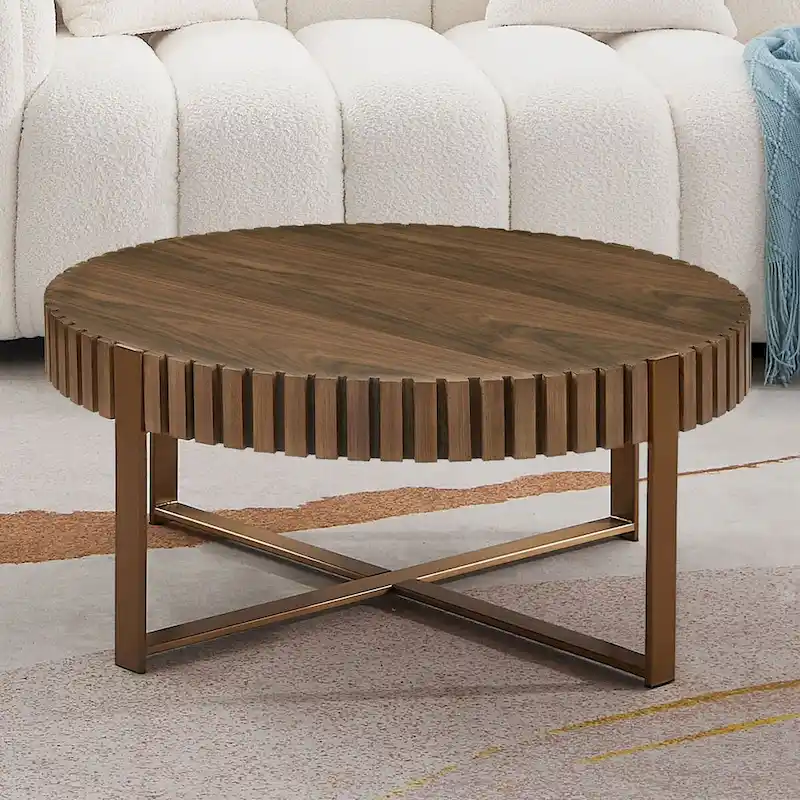 Modern Handcraft Drum Coffee Table 31.5 inch Round Coffee Table for Living Room,Small Coffee Table with Sturdy Pedestal