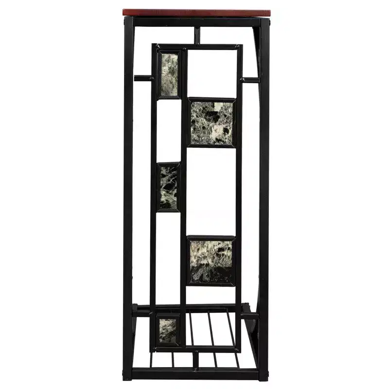 Disassembled and Assembled Single-layer C-shaped Table with Brown Density Board Tabletop, Black Powder-coated Iron Frame, Gravel Pattern Side Table
