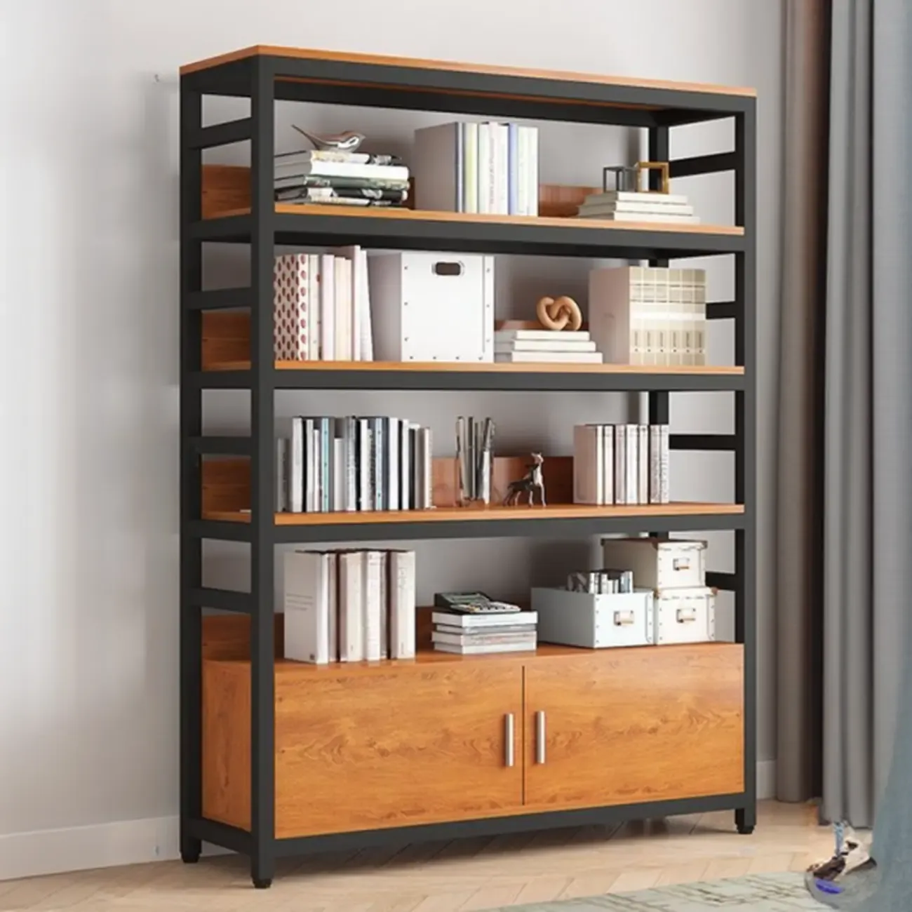 Brown Multi-Shelf Wooden Vertical Bookcase with Cabinet