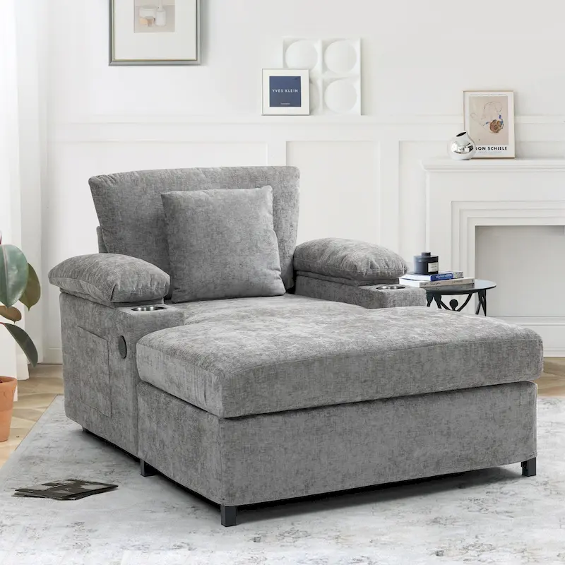 GDFStudio - Ethan Blake Oversized Chenille Chair Bed with Ottoman, Storage & USB Charging for Lounge & Apartment Living