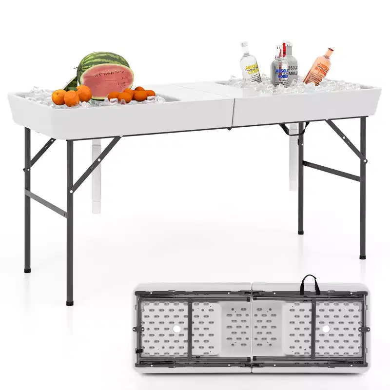 Costway 5 FT Foldable Ice Table w/Double-Sink Detachable Table Skirt Chilling Table