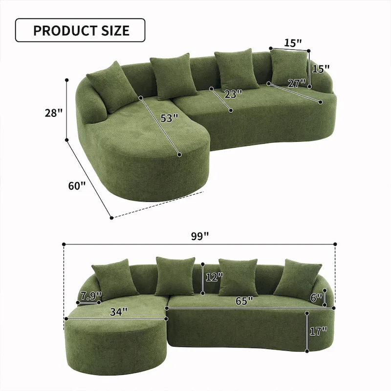 98.4 Chenille L-Shaped 3-Seater Sofa with Chaise Lounge and 4 Pillows