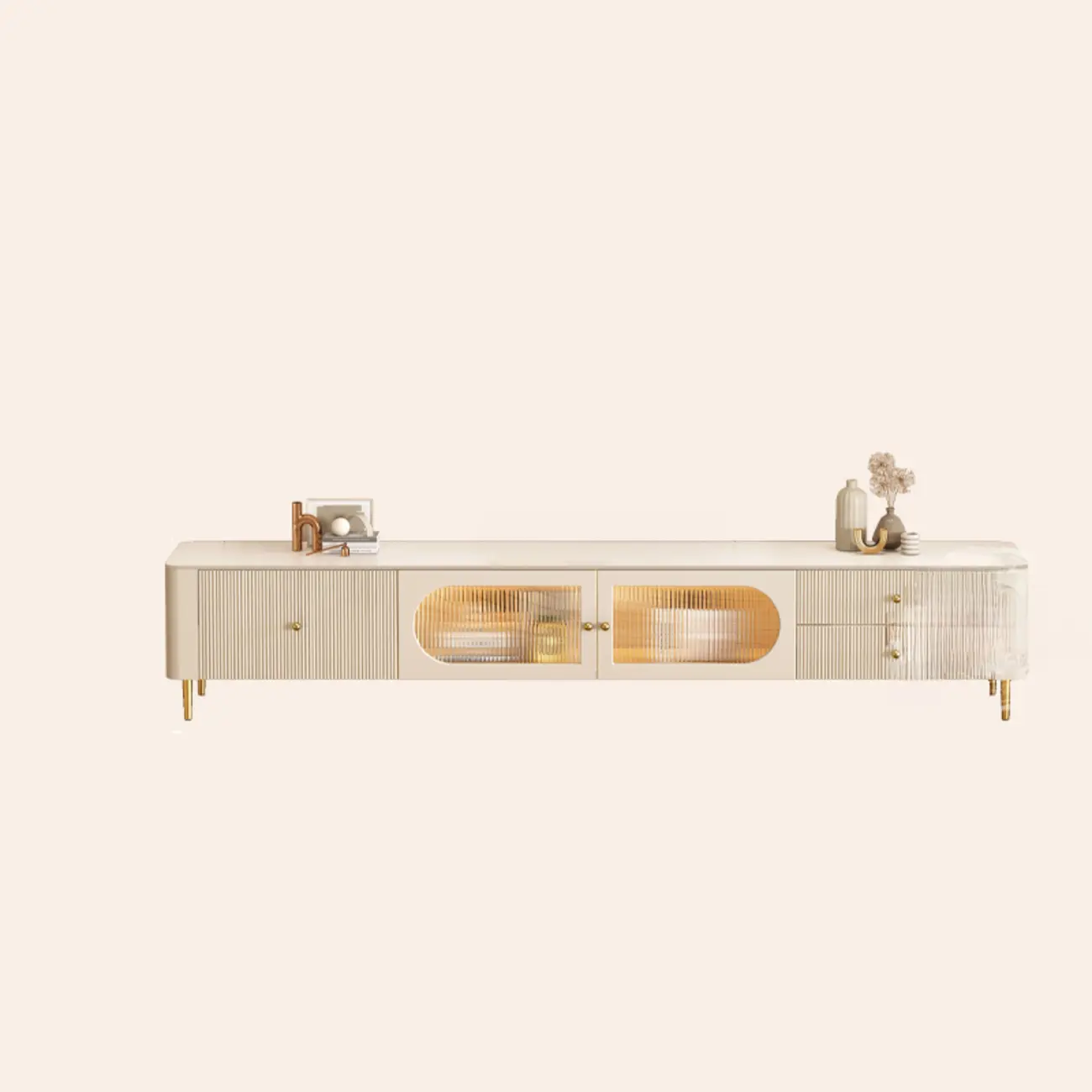 White Modern Marble Long TV Stand with Shelf