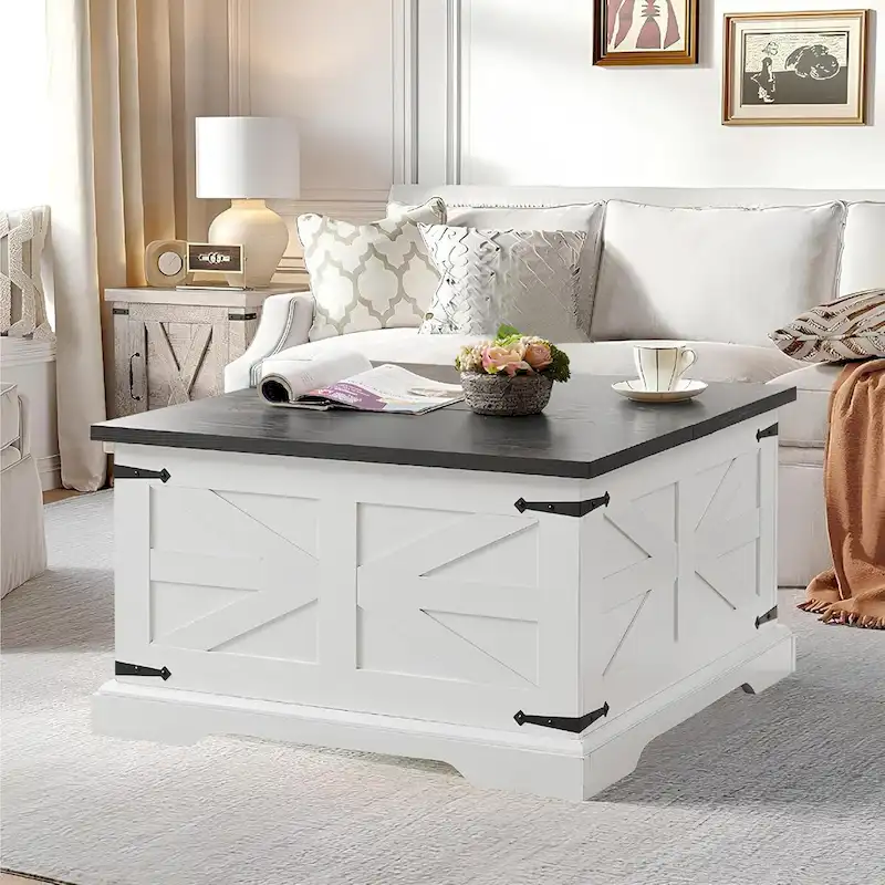 Roomfitters Farmhouse Coffee Table with Lift Top Square, Wood Center Table, Square Wood Center Table with Hidden Storage
