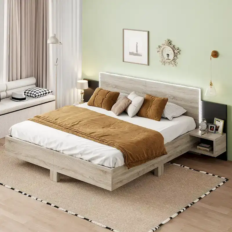 King Size Wooden Floating Platform Bed with Bedside Nightstand Modern LED King Size Bed Frame Wooden Slats Support