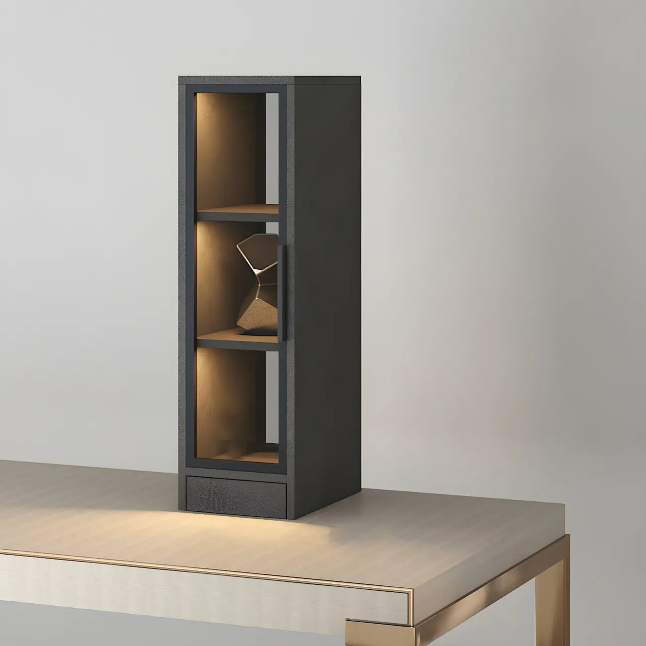 Square 2-Shelf Black Wooden Display Cabinet with Light