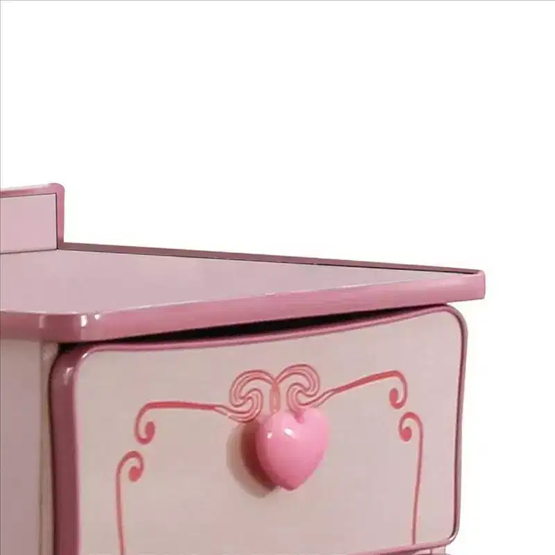 Royal Hampton 2 Drawer Wooden Nightstand with Heart Knob Pulls, Pink