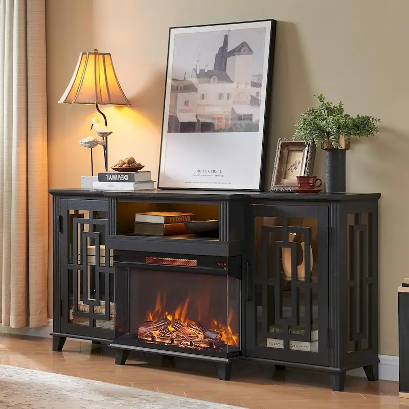 Farmhouse 3-Sided Glass Fireplace TV Stand for 75 TV, Media Console