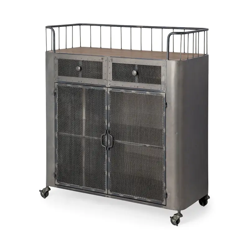 Udo Gray Metal & Brown Wood Top Bar Cart - 16.5L x 35.4W x 40.7H