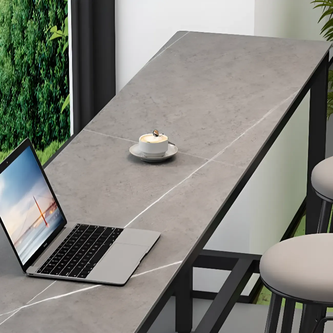 Modern Dove Grey Stone Top Steel Footrest Bar Tables