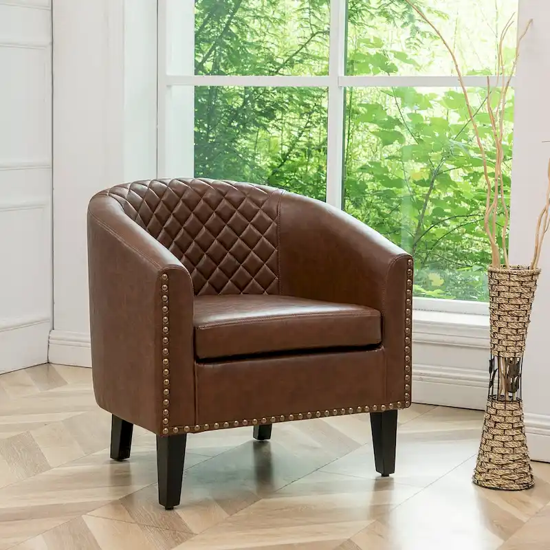 KINWELL PU Leather Tufted Barrel Chair Club Armchair with Nailheads