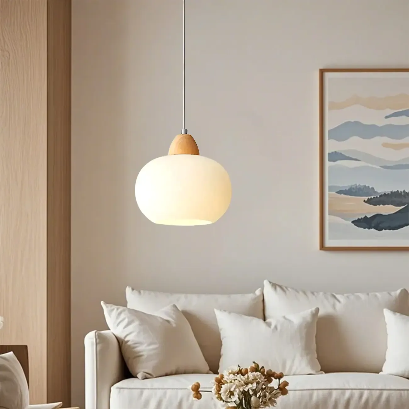 Modern Pebble-Shaped Cream Glass LED Pendant Lamp for Bedside