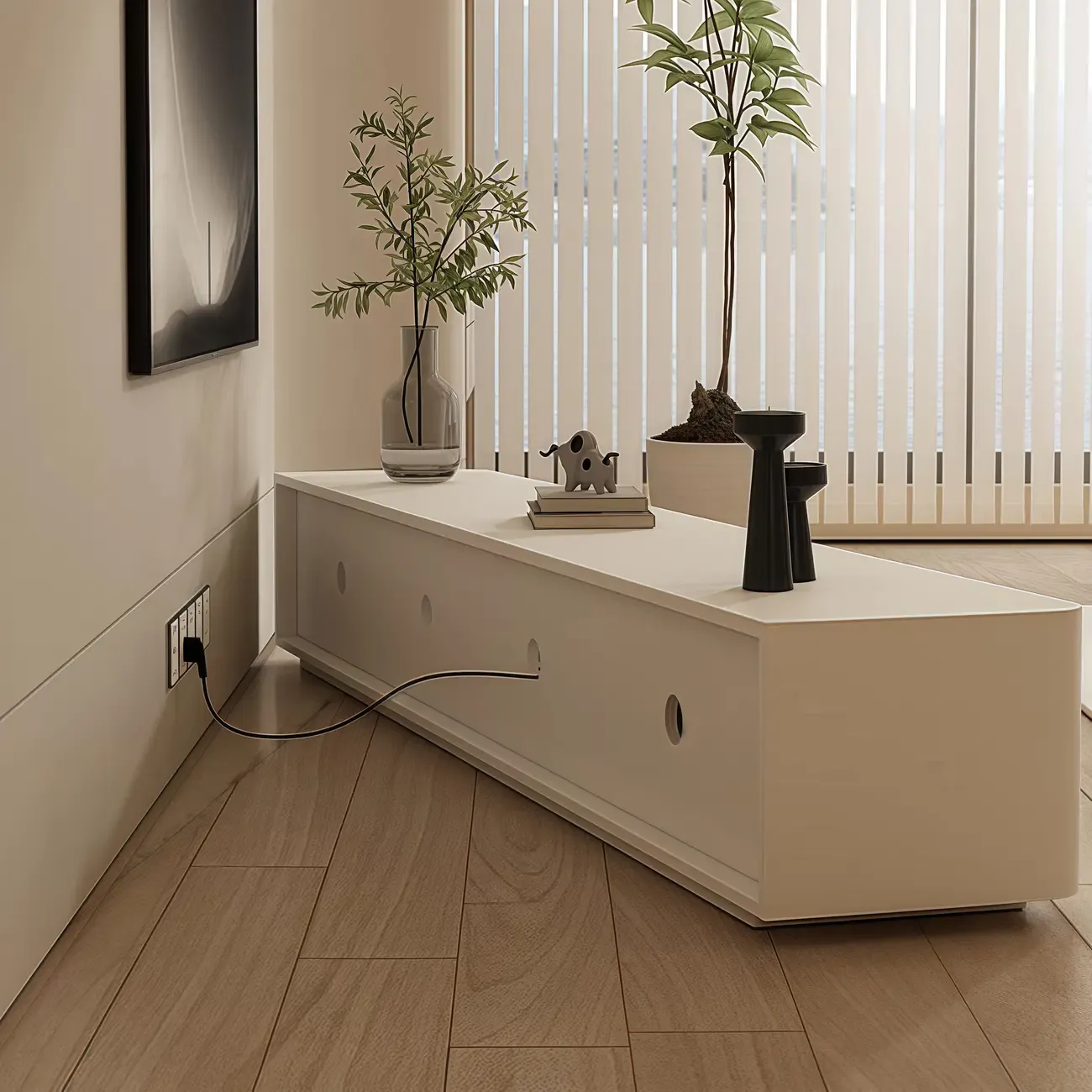 Long Modern White Wooden TV Stand with Drawers