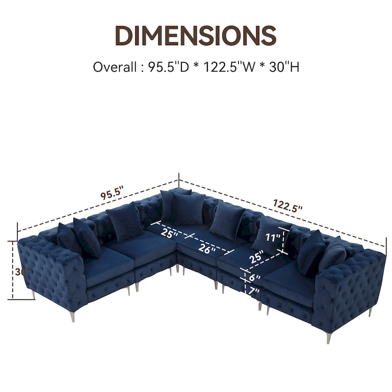 Large L-Shaped Modular Sofa, 6-Seat Velvet Sectional Couch