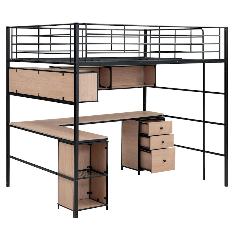 Metal Loft Bed with Bookcase, Desk and Cabinet