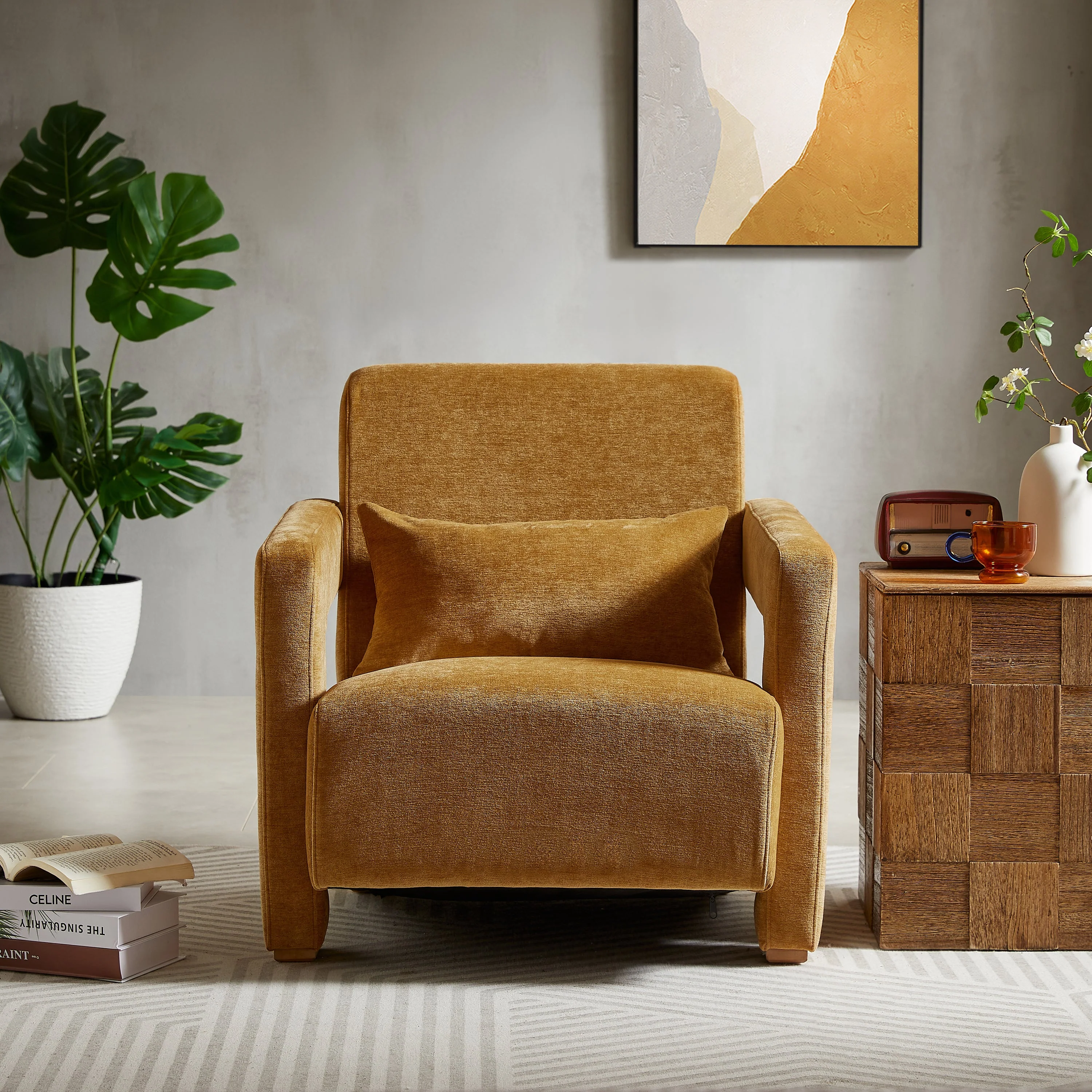 Modern Accent Lounge Chair with Wooden Block Legs and Armrests