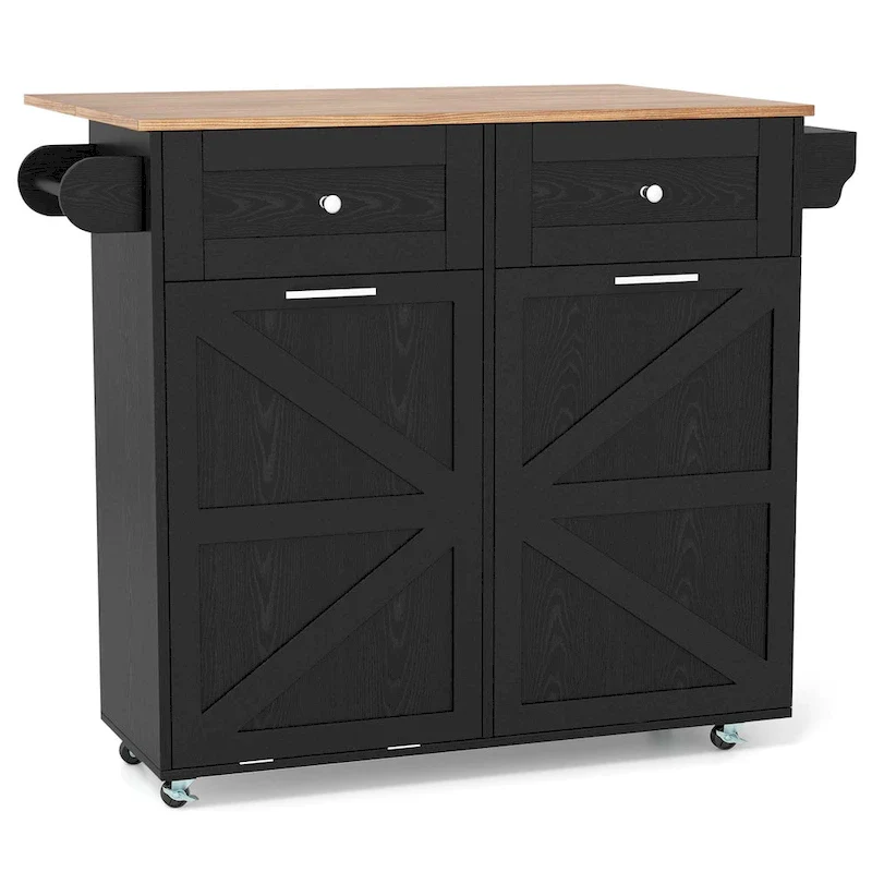 Drop-Leaf Rolling Kitchen Island Cart with Trash Cabinet & Storage – Black / White, Single