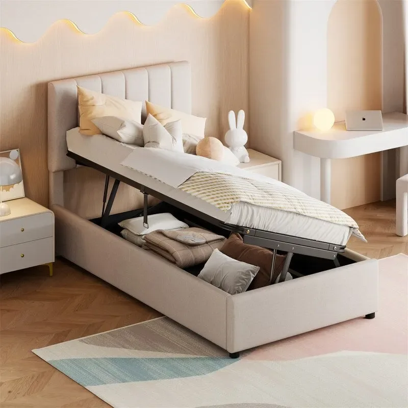 Twin/King Size Upholstered Platform Bed Frame a Hydraulic Storage System, Lift Up Storage Bed with Headboard and Slats Support