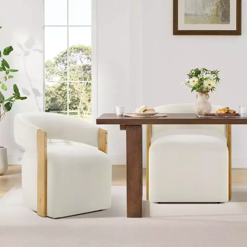 Spruce&Spring Upholstered Dining Chair with Wood Armrests & Hidden Wheels
