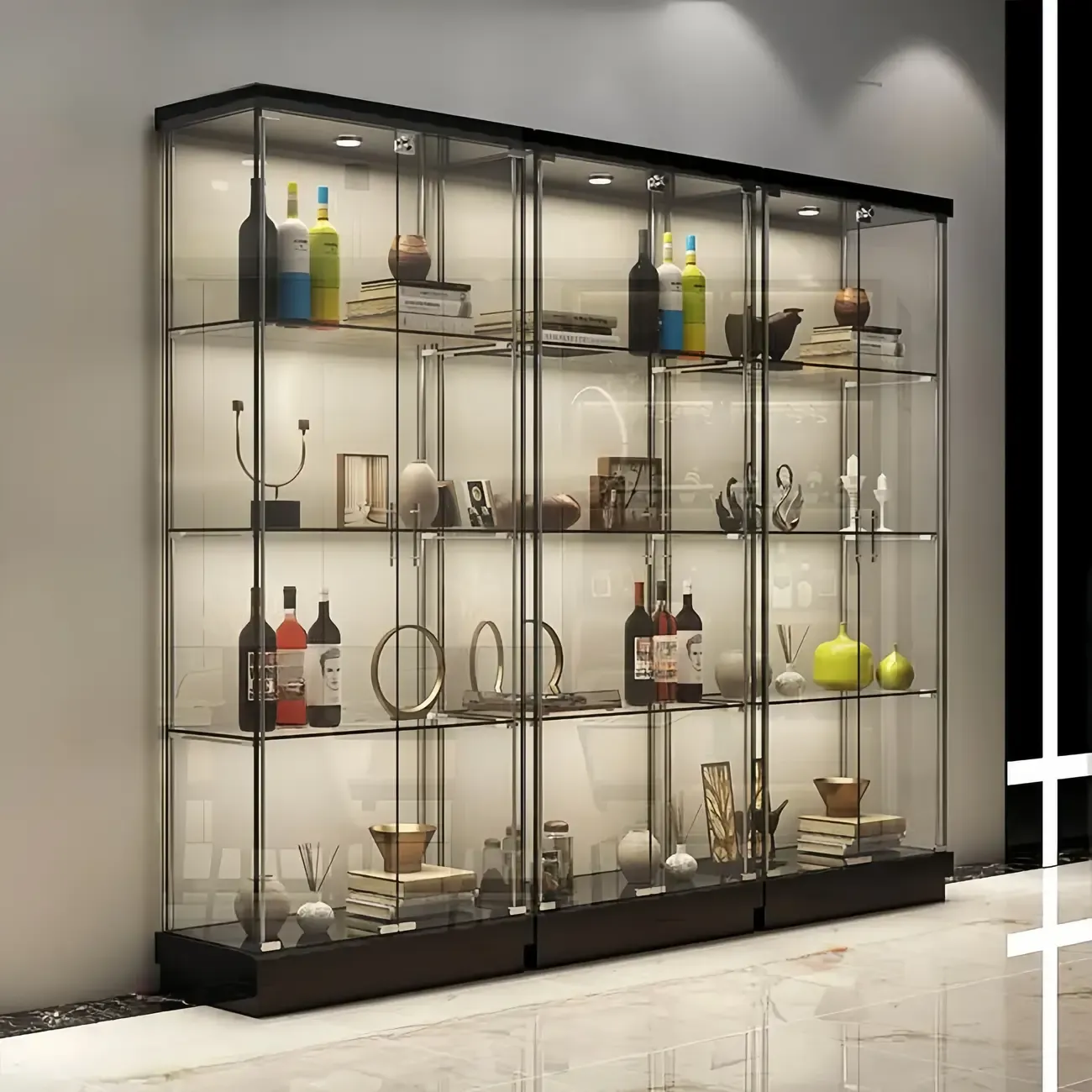 Stylish Metal Glass Floor Display Cabinet with LED Lighting