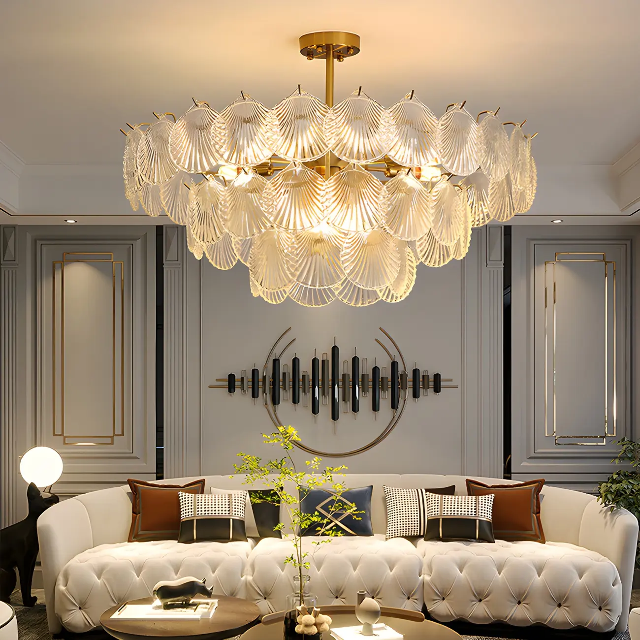 Adjustable Elegant Gold Unique Layered Scallop Glass Chandelier