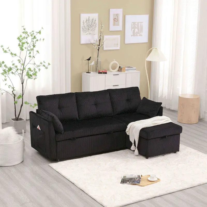 The L-shaped storage seat assembly sofa folds into a recliner