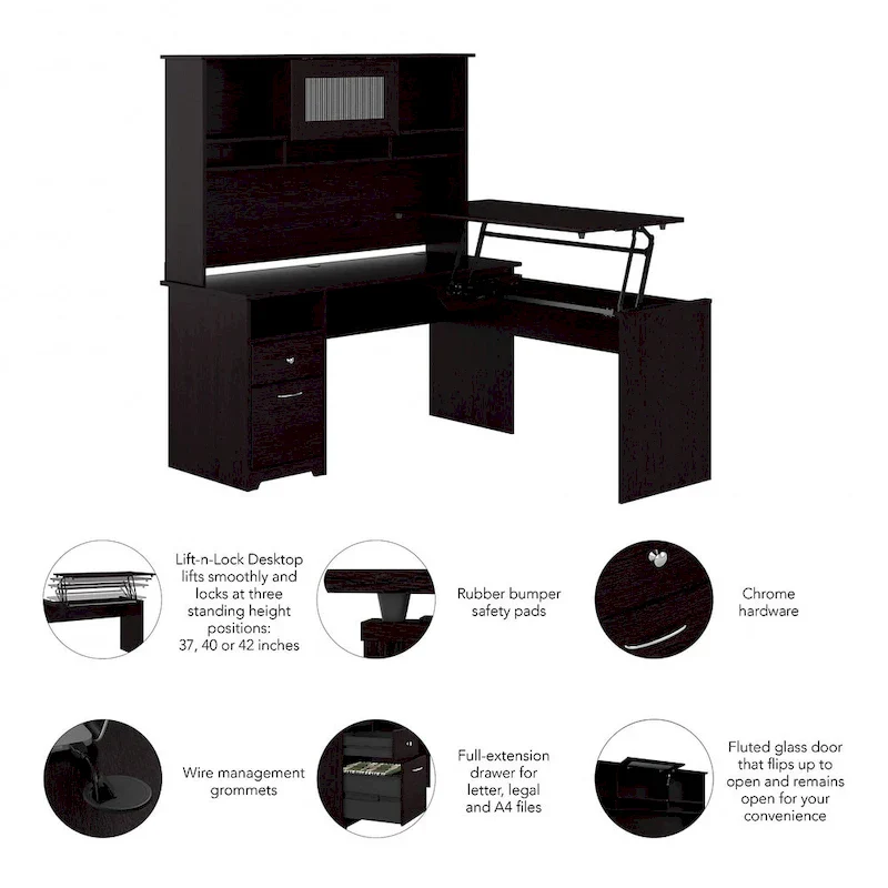 60W 3-position L-shaped Sit to Stand Desk with Hutch by