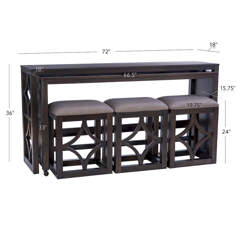 Crewson Wood 2-Piece Nesting Rolling Console with 3 Stools