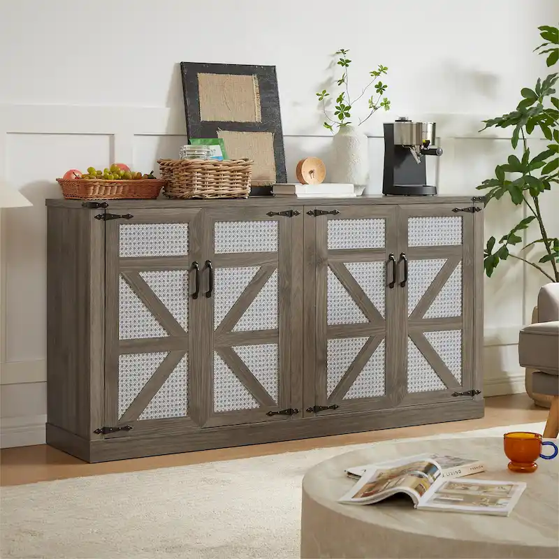 Rustic Faux Rattan Storage Cabinet