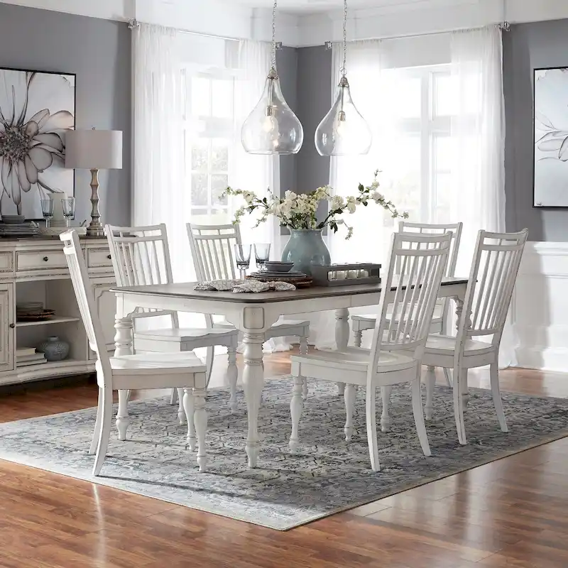 Magnolia Manor Antique White Weathered Bark Opt 7 Piece Leg Table Set