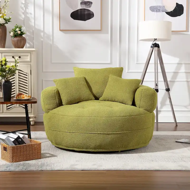 Boucle Upholstered Tufted Barrel Accent Living Room Chair With Toss Pillows