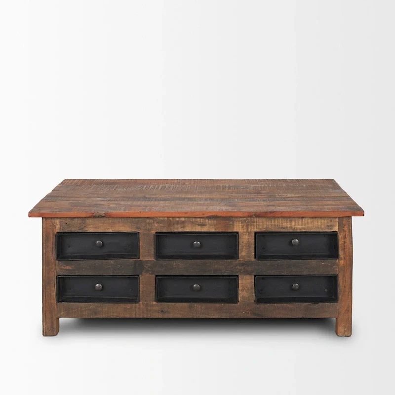 Wilton Brown Wood w/ 12 Black Metal Drawers Coffee Table