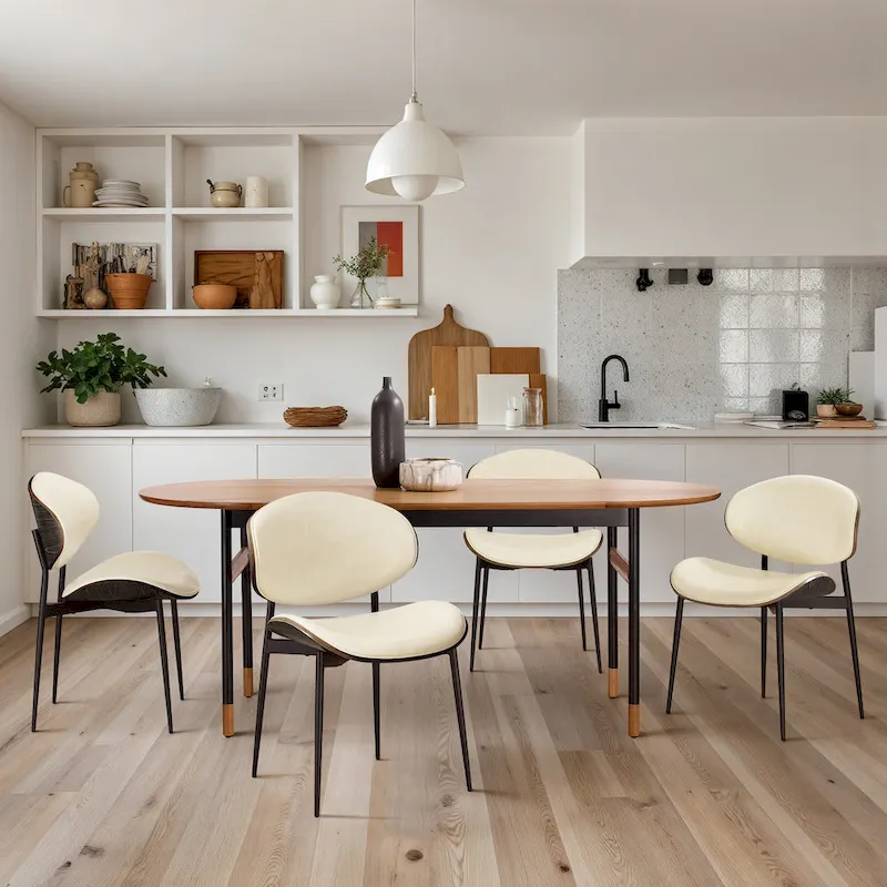 Set of 4 Mid-century Wood and Faux Leather Dining Chairs