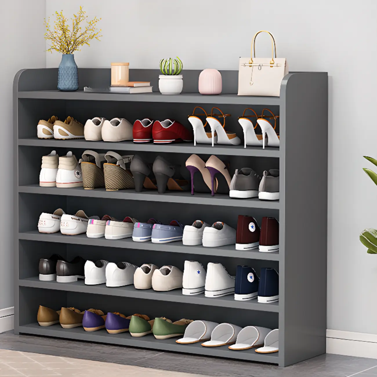 Vertical White Wooden Hallway 6-Tier Open Shoe Rack