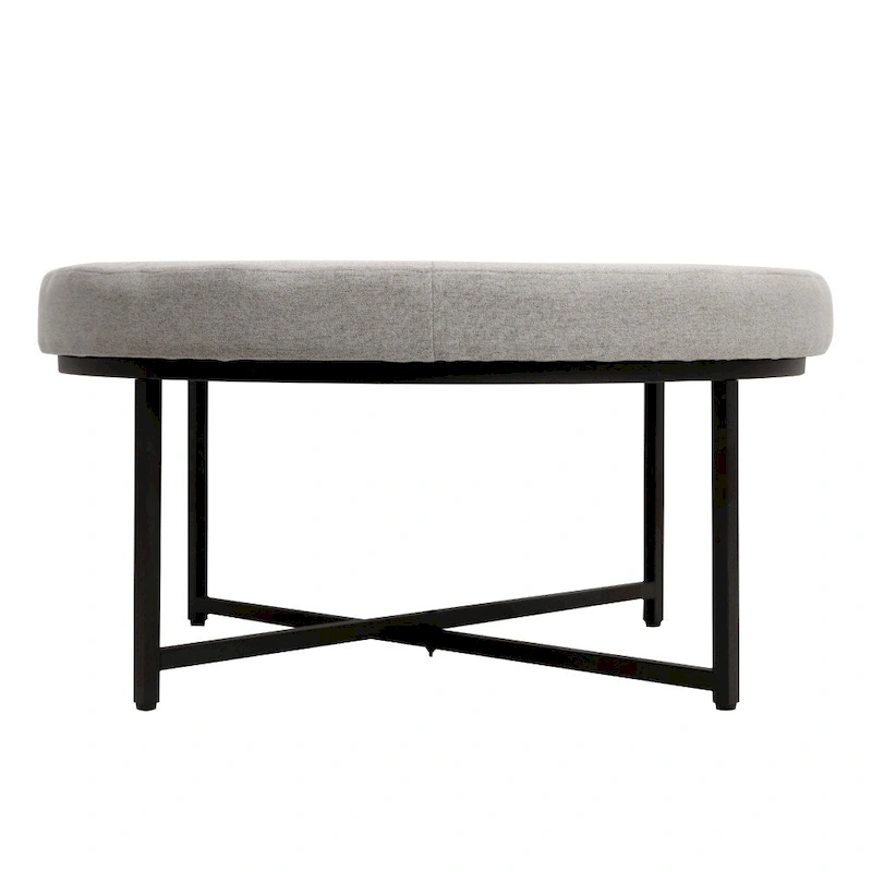 Tufted Round Cotton Linen Ottoman with Iron Frame