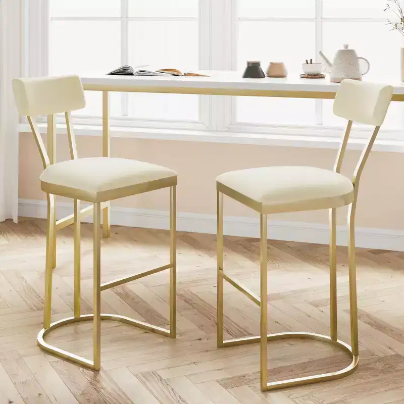 Bar Stools Set of 4, High Back Counter Height Bar Stools with White Velvet Upholstery & Gold Metal Legs, Soft Padded Kitchen Island Stools, Bar Chairs