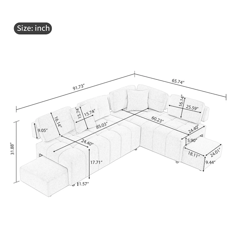 91.73 L-Shaped 4-Seat Sectional Sofa with 2 Hidden Stools, 2 Removable Lumbar Cushions, and Durable Chenille Fabric