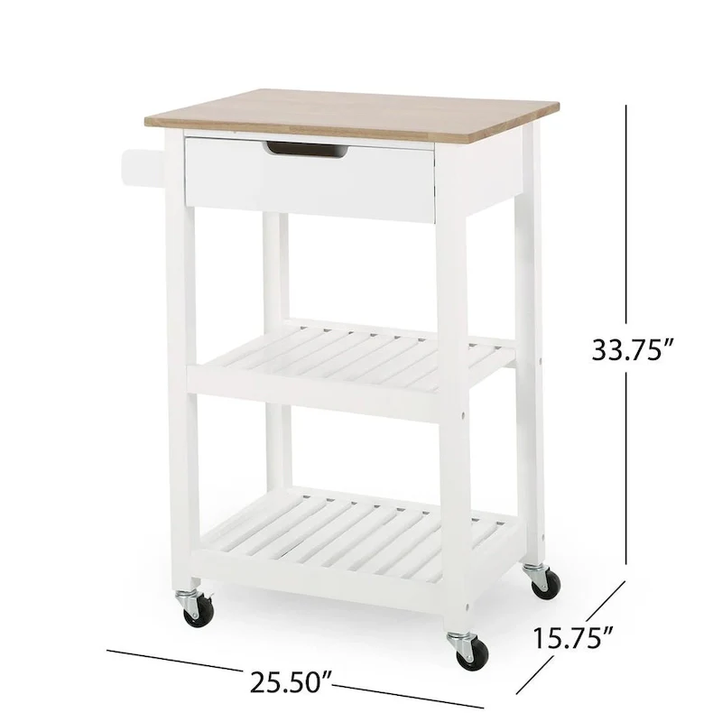 Compact Wooden Kitchen Cart with Wheels Shelves and Drawer