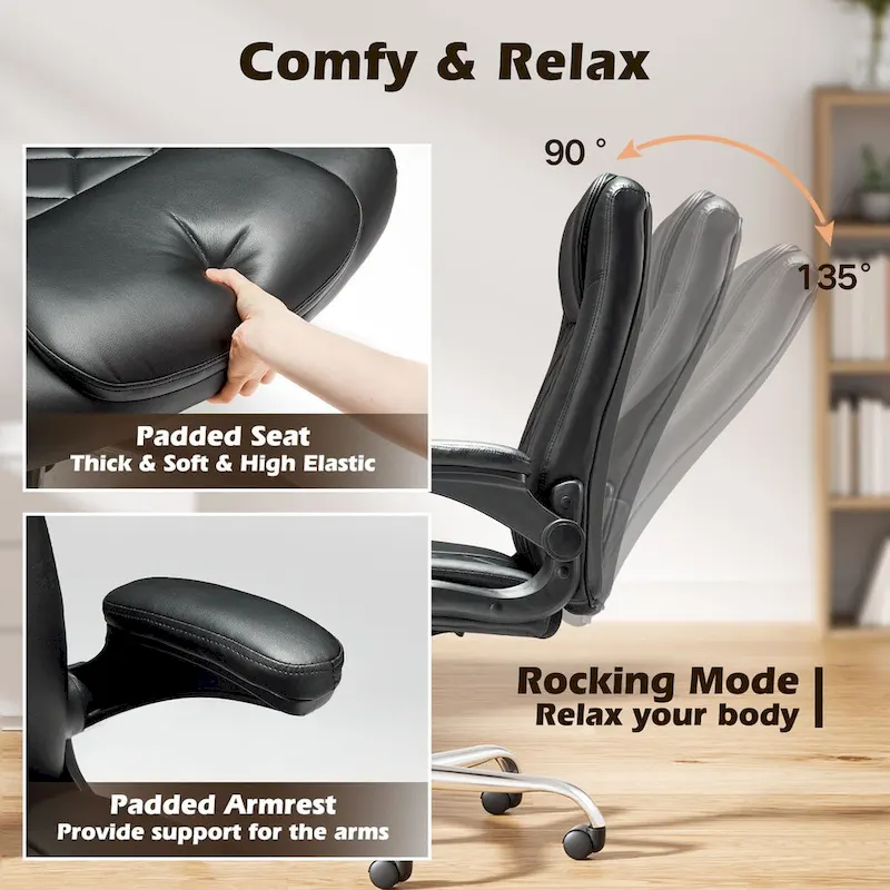 Executive PU Leather Swivel Office Chair with Flip-Up Arms Ergonomic