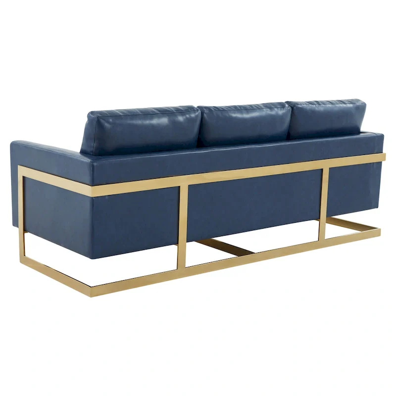 LeisureMod Lincoln Modern Upholstered Leather Sofa with Gold Frame - 83