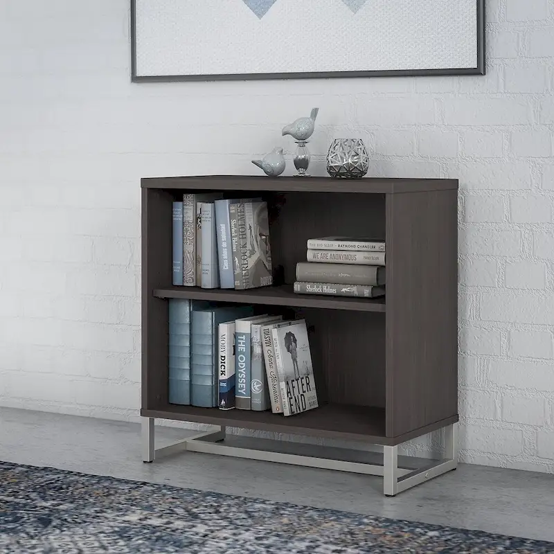 Grey / Tan / White / Taupe / Brown 2-Shelf Bookcase Cabinet with Metal Base