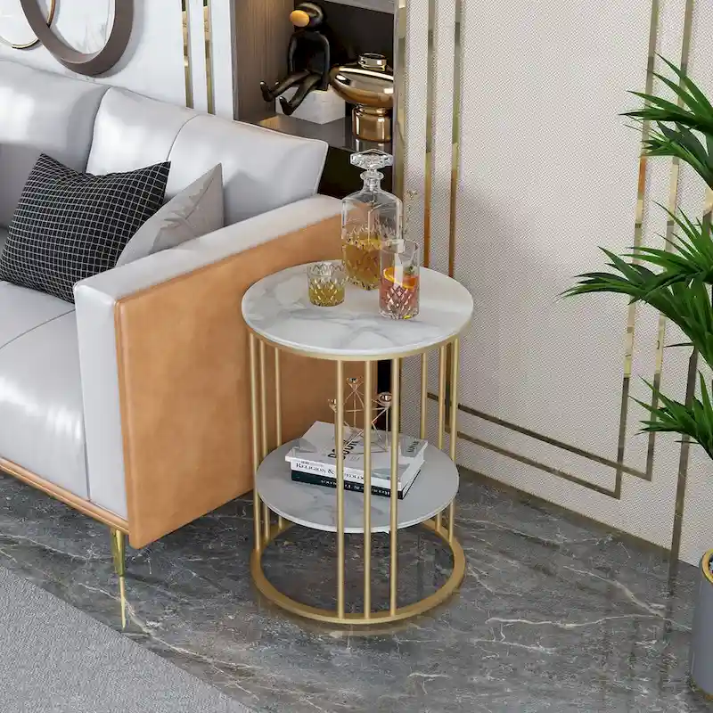 End Table 2-Tier Round Side Accent Table with Sintered Stone Tabletop - 15.7x15.7x21.3 inch