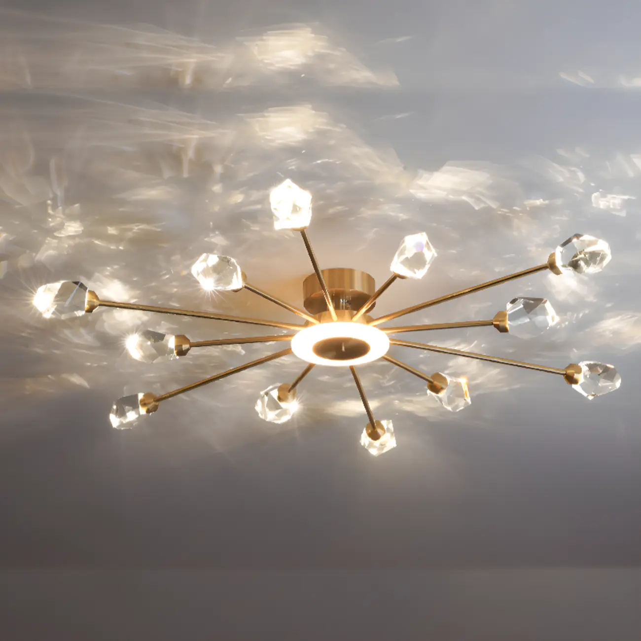 Gold Sputnik Crystal Semi Flush Dimmable LED Ceiling Light
