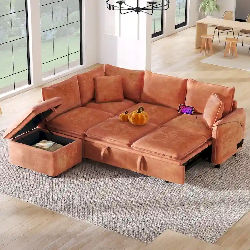 Roomfitters Convertible Sofa Bed Sectional Sleeper with Storage Ottoman, Two Pillows, USB Ports, and Power Sockets